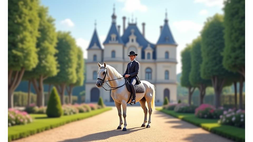 A grand French chateau surrounded by lush gardens and a horse in the foreground, ready for a ride.