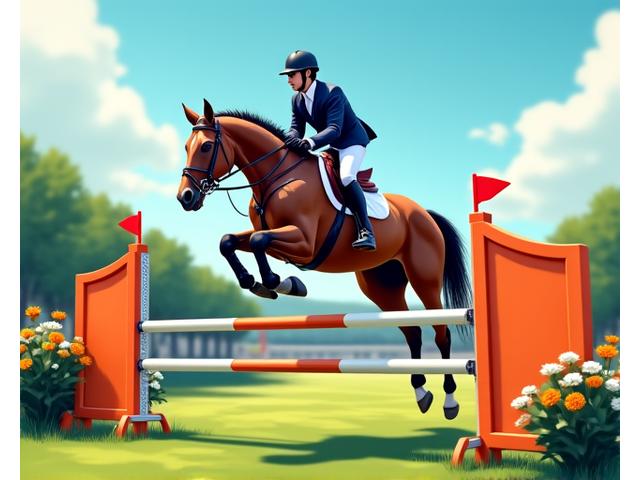 Horse and rider soaring over a challenging show jumping obstacle on a green outdoor course.