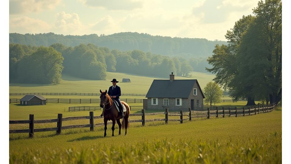 Quaint Virginia hunt country scene with charming stone fences and a horse rider in traditional attire.