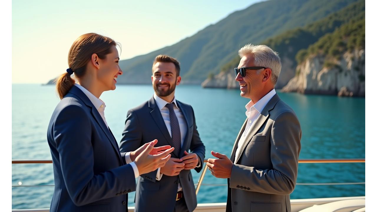 Executives enjoying a corporate sailing event on a large yacht