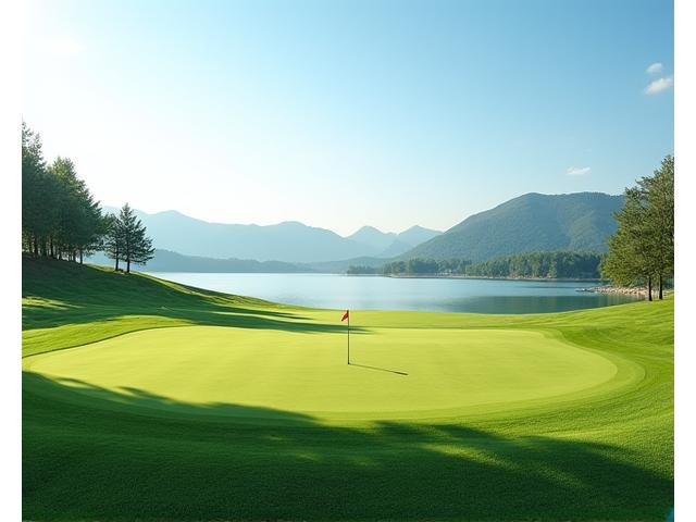 Man golfing on a pristine green overlooking a lake
