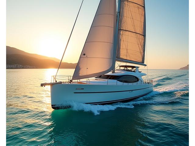 Luxury yacht sailing on clear blue waters at sunset