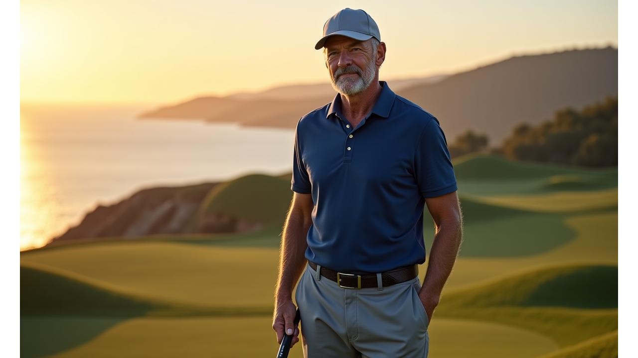 A distinguished gentleman wearing elegant, high-performance golf attire on a pristine golf course at sunset, showcasing both style and athleticism.