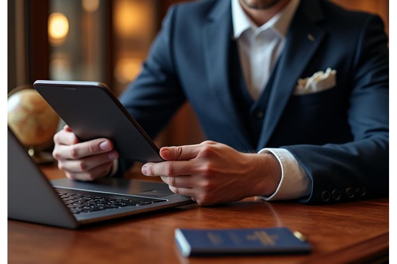 A personal concierge assisting a gentleman with travel plans on a high-end tablet, luxurious world map in the background, signifying global reach and personalized white-glove service